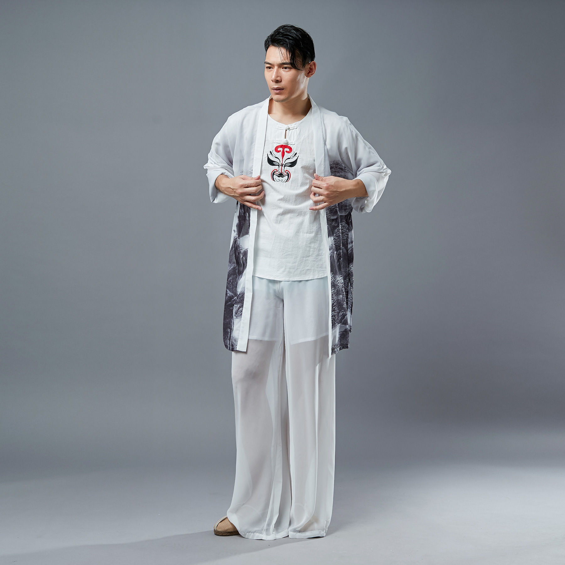 云梦集2025新款男水墨雪纺衫休闲文艺风薄款长袖印花衫遮阳薄款外