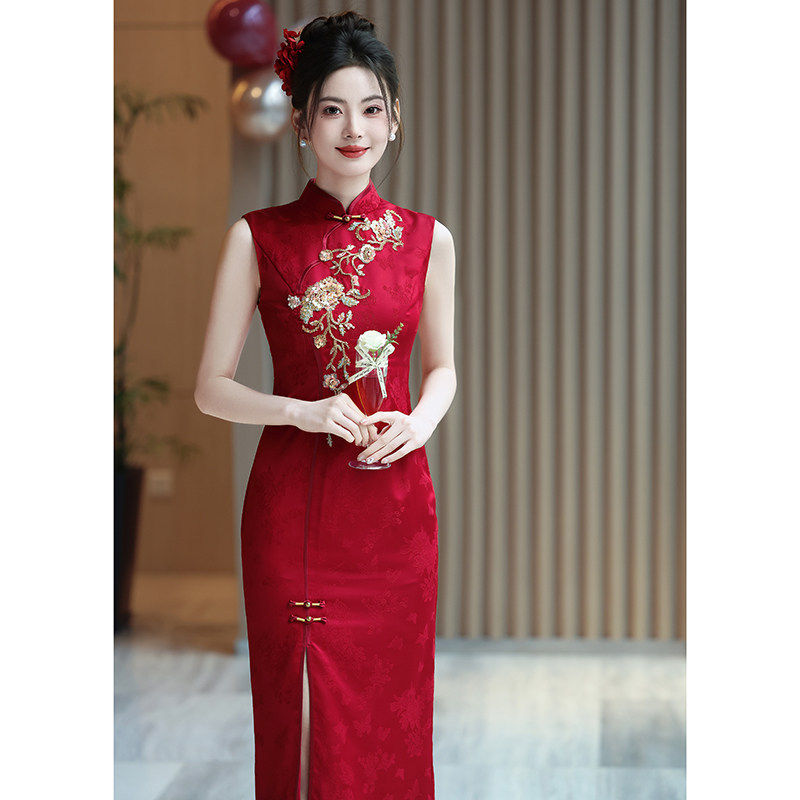 织造局绝美刺绣改良旗袍2026年新款高端无袖夏款礼服连衣裙红色高