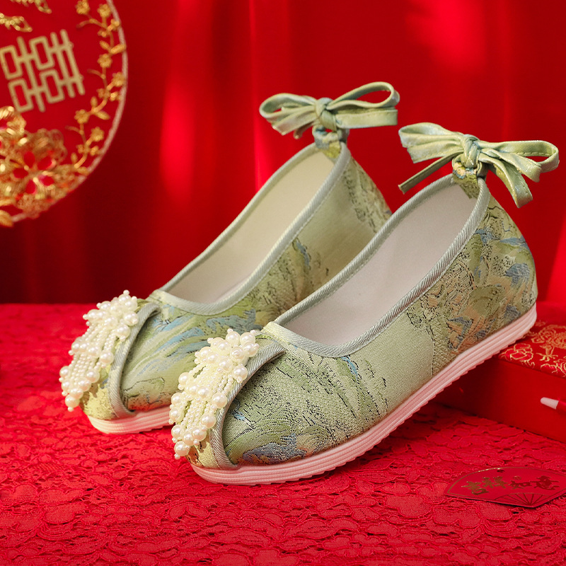 云梦集原创设计汉服鞋手工串珠内增高布鞋古装秀禾婚鞋绿色明制中