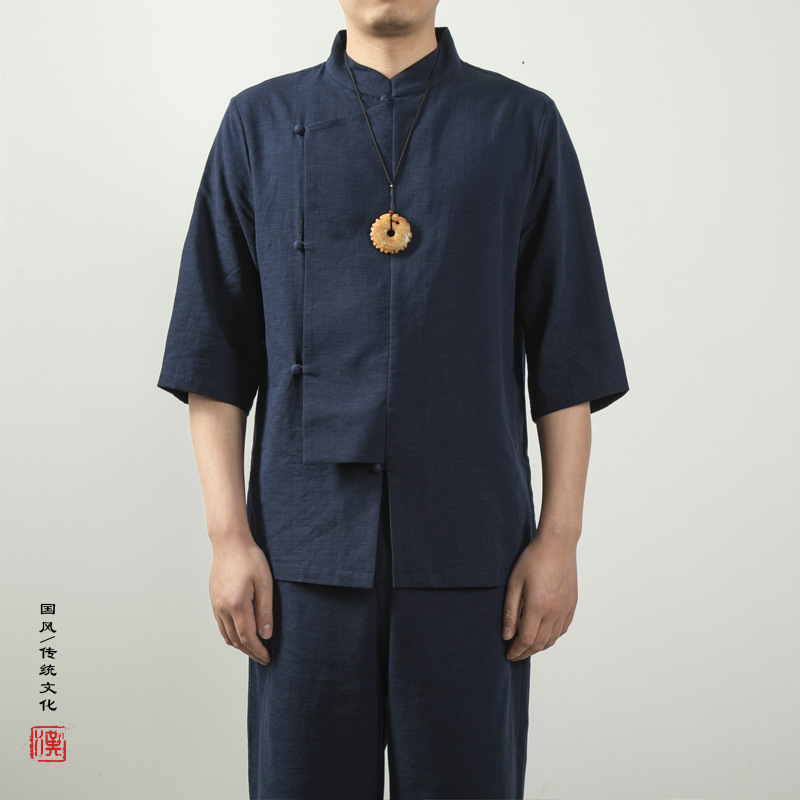 云梦集夏装新款中国风男装棉麻男士立领改良唐装中袖薄款衬衫