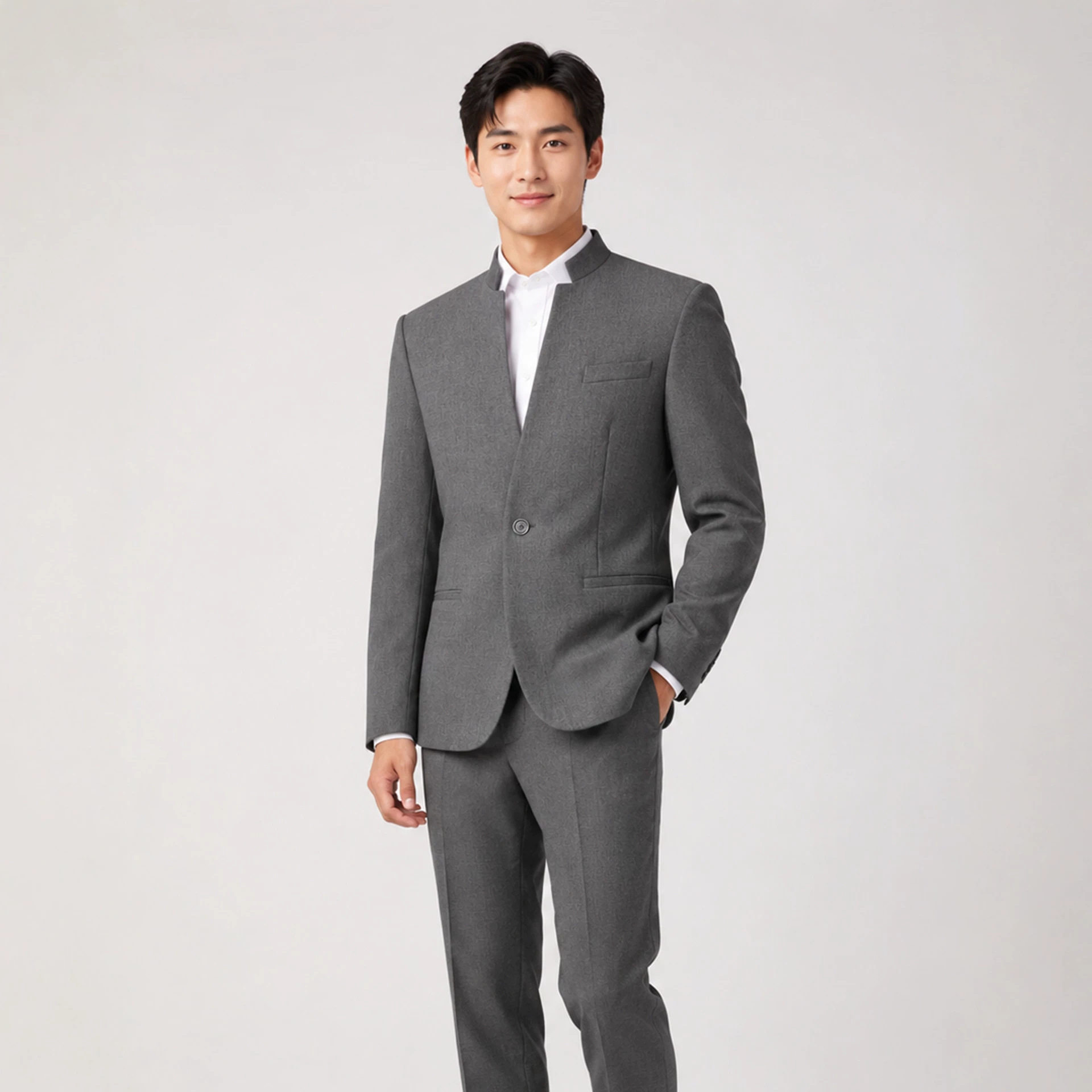 织造局修身灰色西装套装男青年休闲新郎结婚礼服西服中山套装立领
