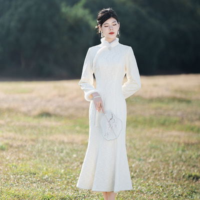 云梦集白色新中式旗袍2025新款改良年轻款小个子加厚冬款高级感连