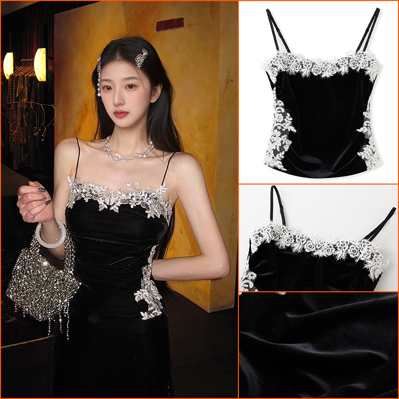 云梦集秋季甜美百搭气质背心女国风蕾丝拼接丝绒设计感吊带 N9096