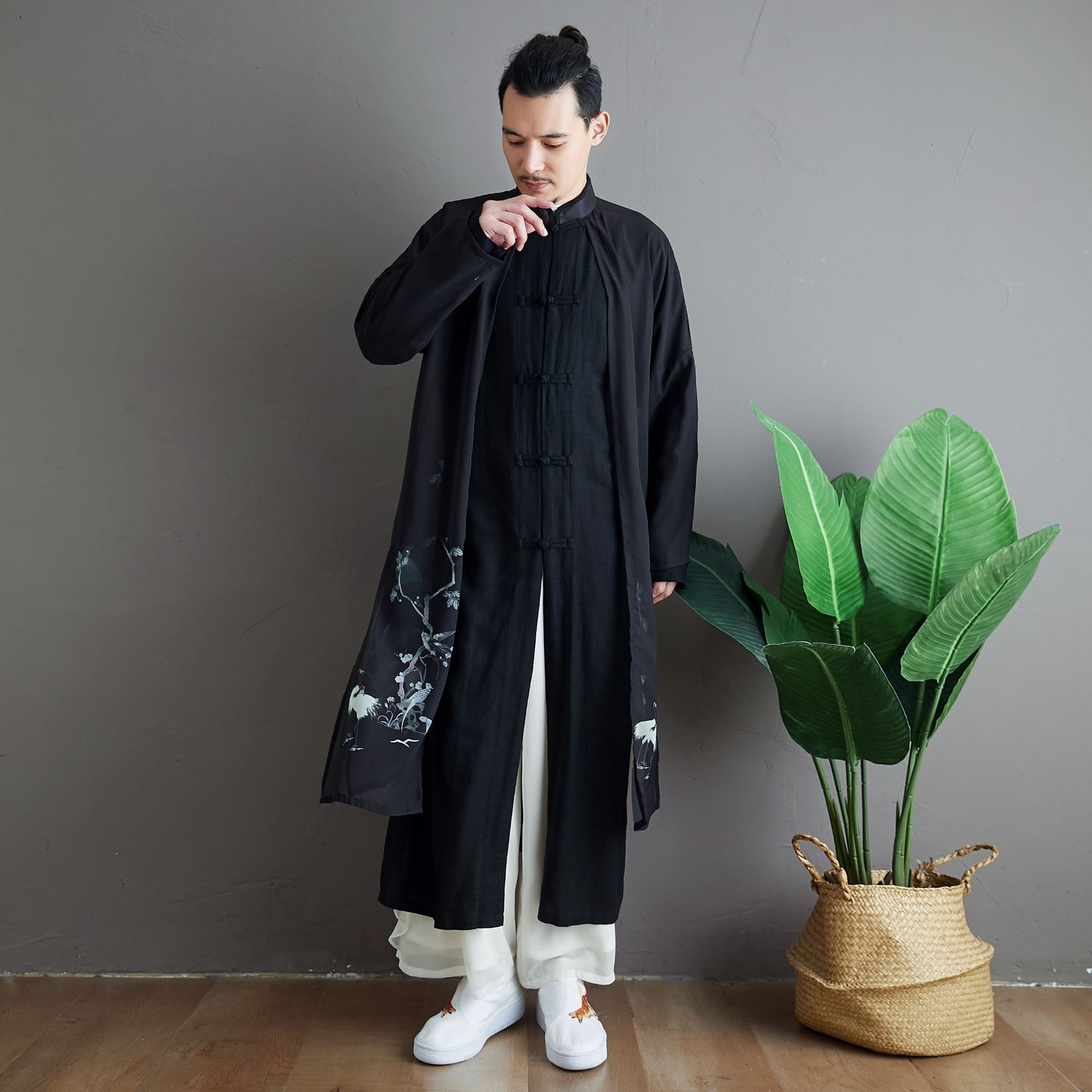 云梦集麻凡麻凡春季新品百鸟假两件男士 衬衫中国风中长款休闲盘