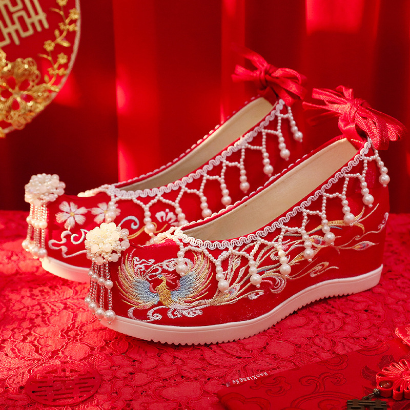 云梦集富贵荣华 中式婚鞋秀禾婚鞋内增高平跟凤凰牡丹刺绣手工珠