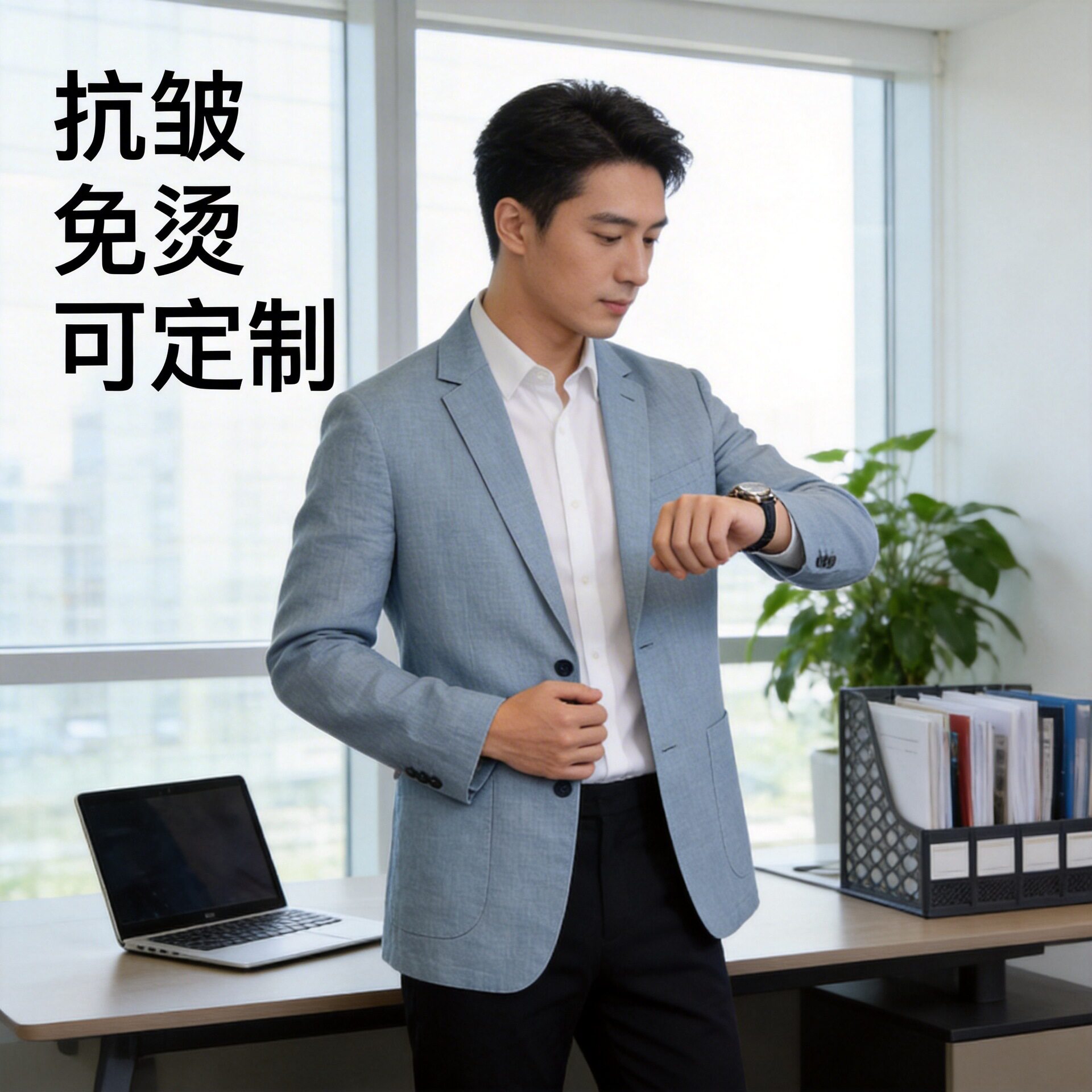 织造局苎麻西服外套春男士商务休闲小西装抗皱免烫西装防风西服