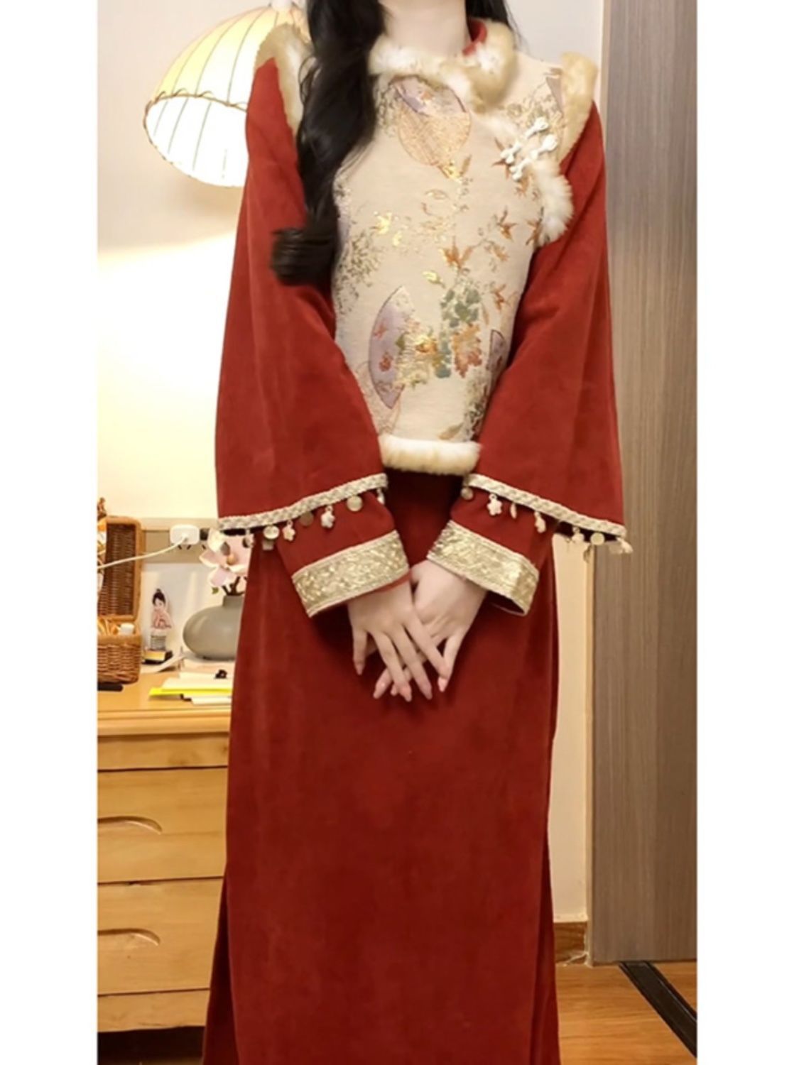 云梦集裙子秋冬新中式复古国风改良马甲旗袍裙两件套红色过年收腰