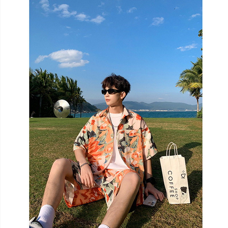 织造局碎花冰丝短裤男美式高级感短袖衬衫夏威夷三亚海滩两件套装