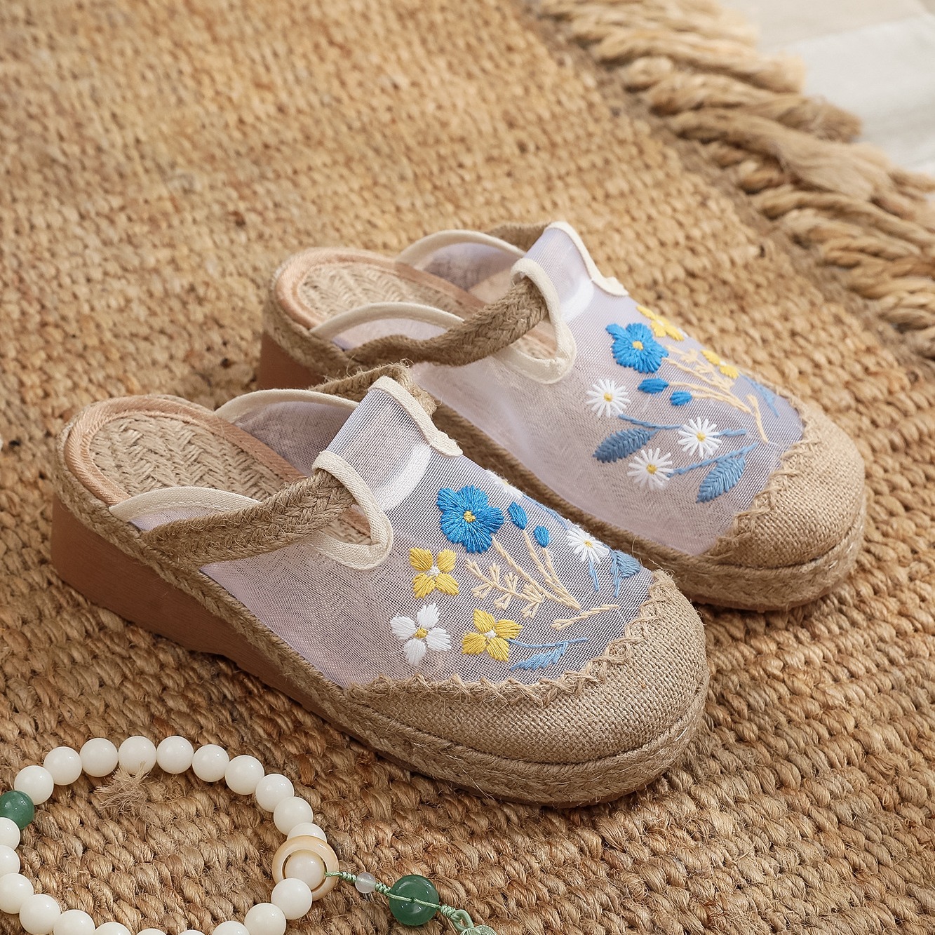 云梦集夏季新绣花拖鞋民族风女 古风增高5厘米透气网纱拖鞋