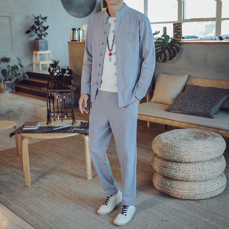 云梦集棉麻套装男长袖亚麻衬衫中国风男装茶服两件套唐装民族服装