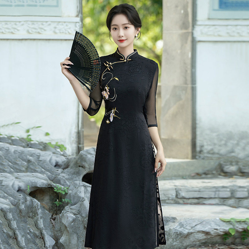 织造局绣花黑色奥黛国风新中式长袖旗袍改良年轻款女高级感连衣裙