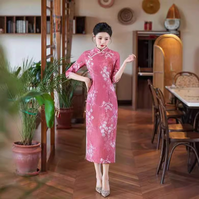 云梦集春夏新款淑女型冰丝麻复合单层短款改良旗袍走秀连衣裙传统