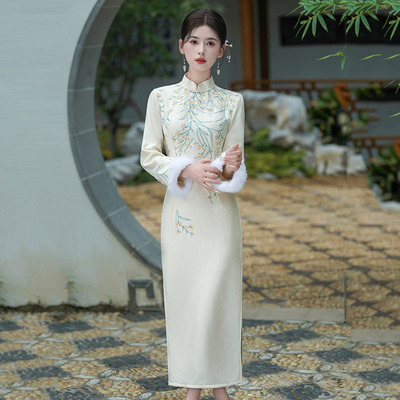 云梦集白色加绒加厚冬装国风新中式长袖旗袍改良年轻款女复古收腰