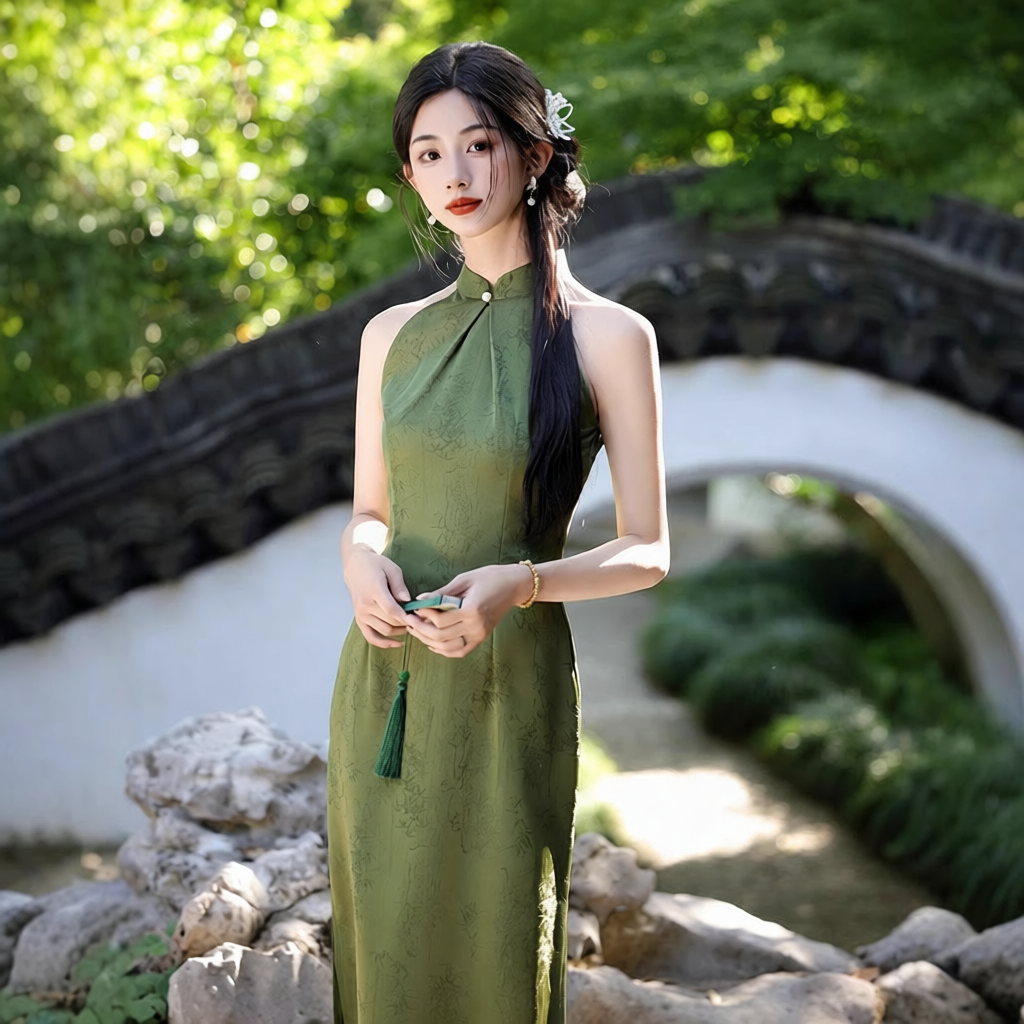 织造局绿色旗袍年轻款少女新中式日常改良无袖绝美连衣裙夏季