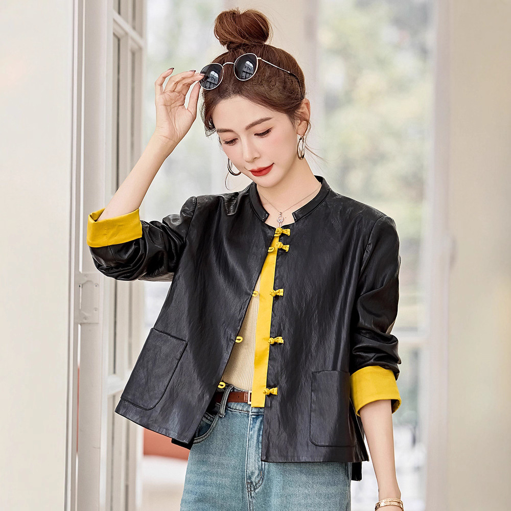 云梦集2025秋季新款皮衣新中式国风短款显瘦拼色皮夹克小外套女X