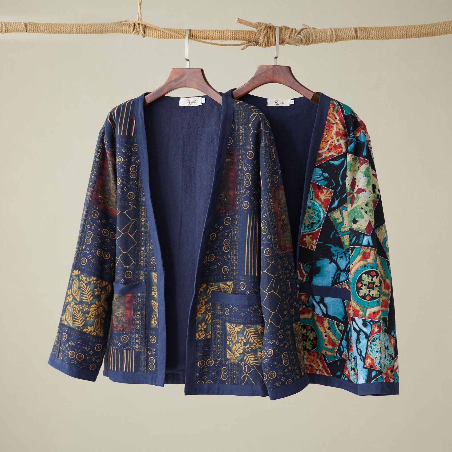 云梦集棉麻印花开衫外套 双层料复古民族风衬衫 里层棉麻宽松型男