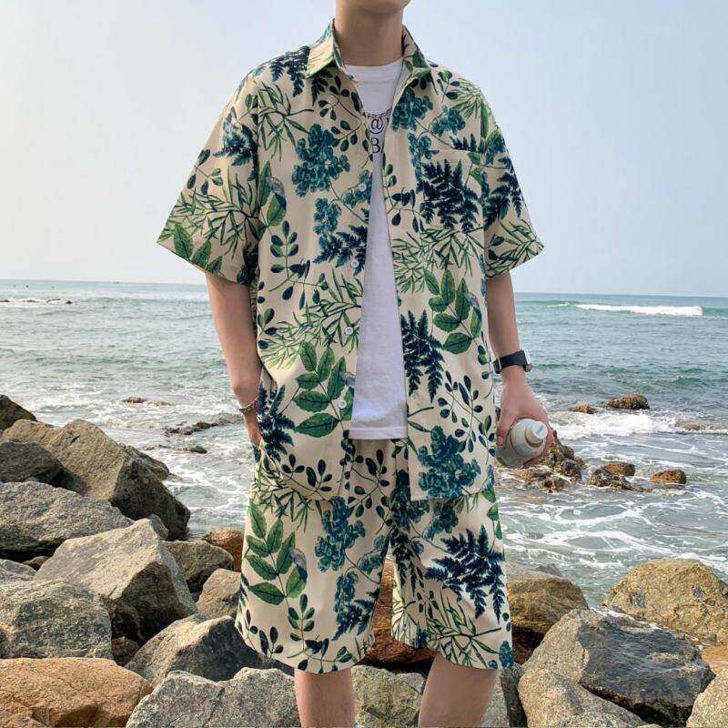 织造局夏威夷海边冰丝花衬衫套装男女夏季薄款速干泡温泉沙滩短裤