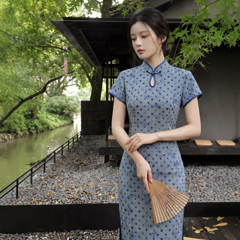 织造局波点网纱滴水领印花夏长款旗袍女2026夏新款少女无袖年轻款