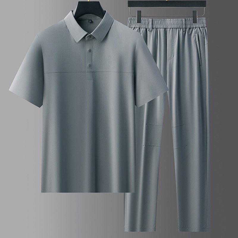 织造局爸爸套装夏季薄款短袖弹力中年男装冰丝衣服休闲运动两件套