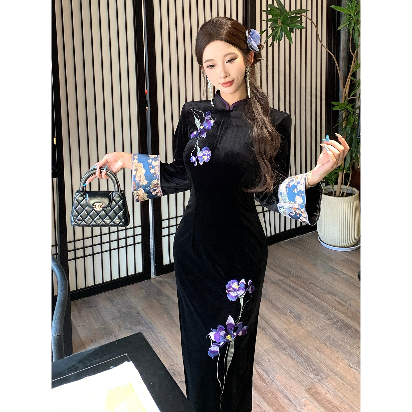 云梦集长袖旗袍女新中式2025新款秋冬黑色连衣裙丝绒复古气质民国