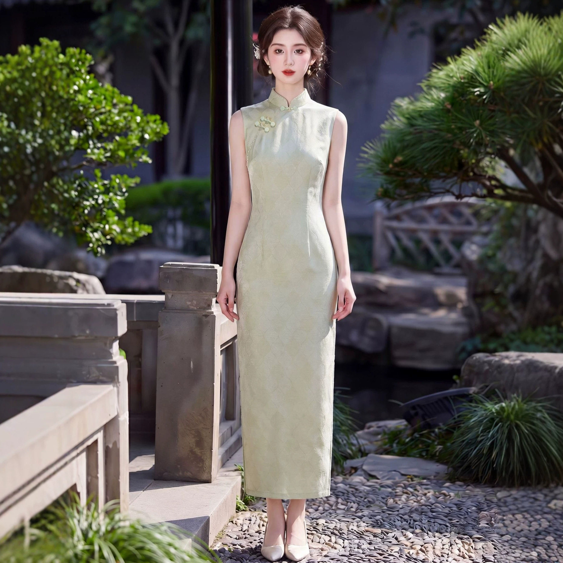 织造局浅绿色无袖素雅旗袍26新款改良新中式日常小清新连衣裙女