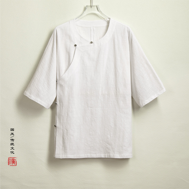 云梦集夏装新款中国风男装斜襟圆领五分袖唐装短袖改良中袖