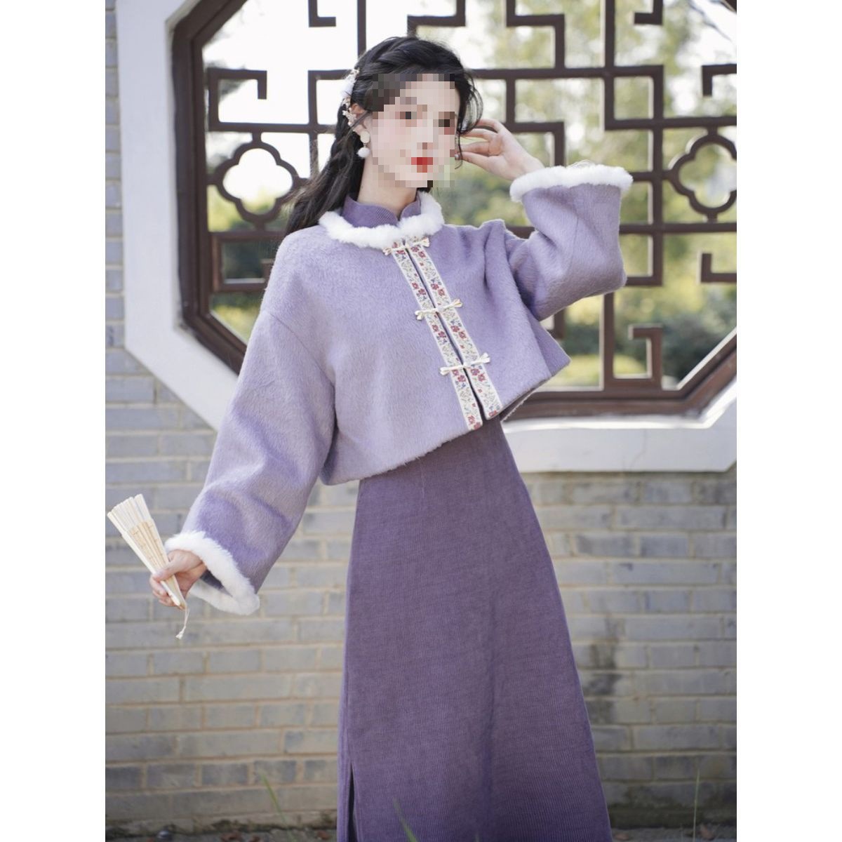 云梦集新款国风秋冬季少女短款毛呢外套搭配改良中式旗袍套装