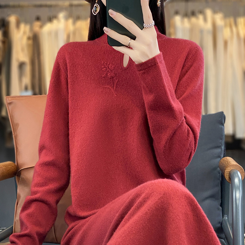 云梦集中式旗袍立领配大衣羊毛裙女100羊毛针织连衣裙过膝毛衣长