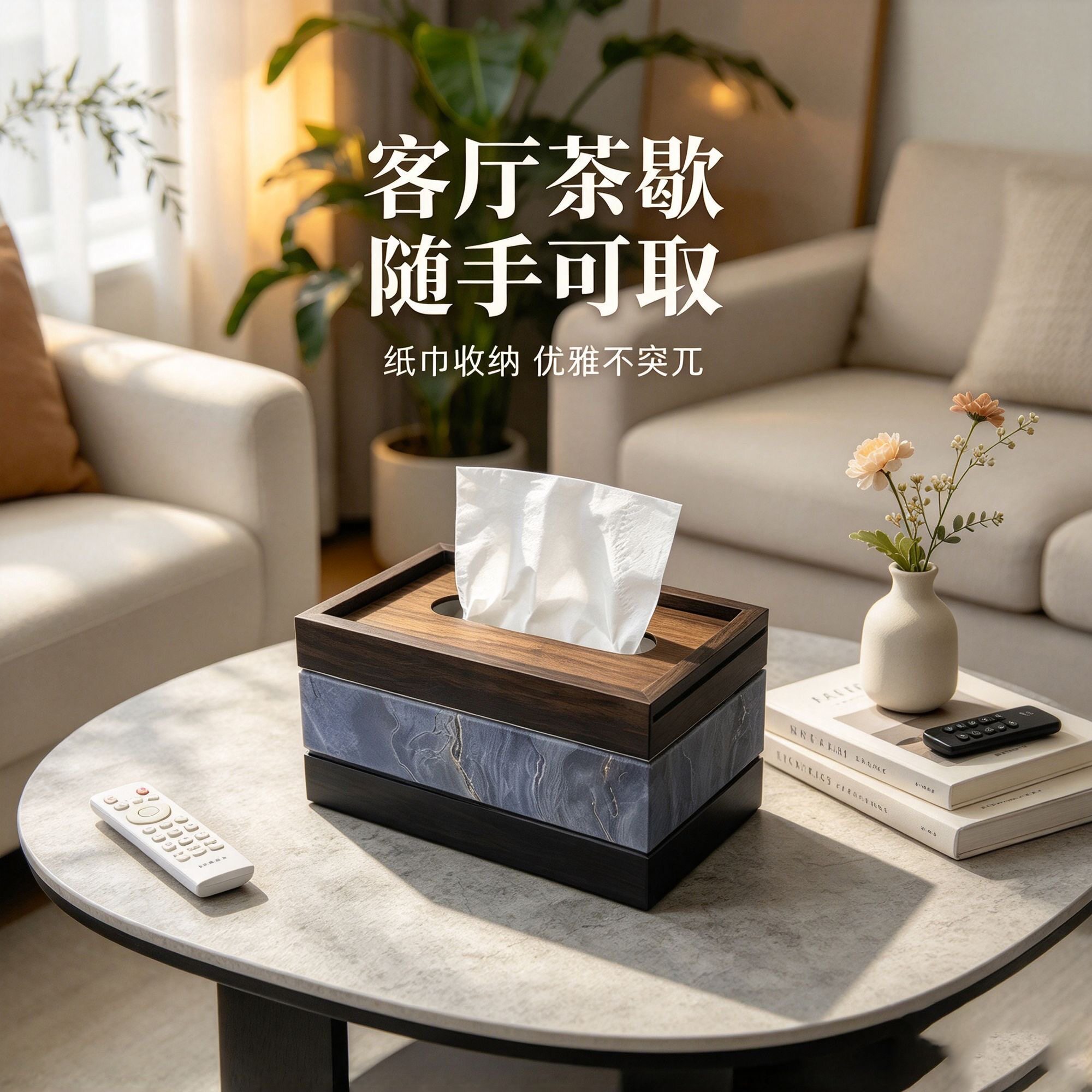新式纸巾盒古风收纳抽纸长方形木质胡桃色贴纸酒店床头前台纸巾盒