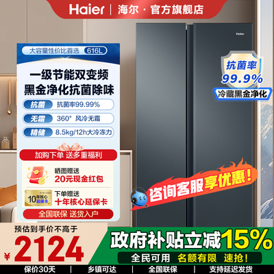 海尔616L大容量对开门冰箱双开门家用一级能效嵌入风冷无霜电冰箱