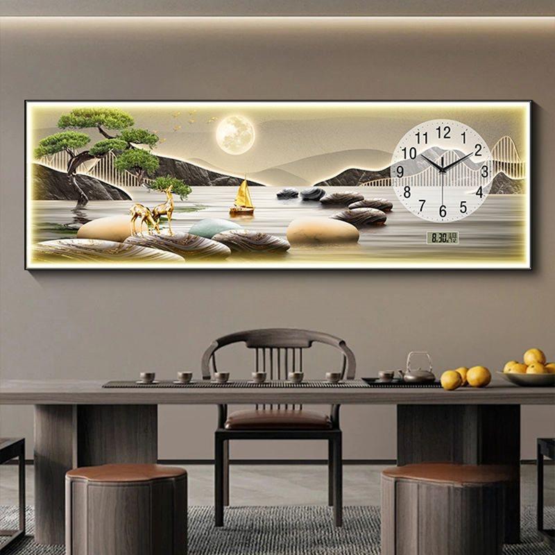迎客松客厅装饰画带钟表流水生财办公室茶室山水画万年历时钟灯画