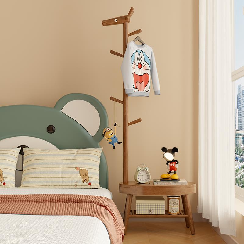 实木儿童衣帽架落地卧室客厅家用置物架卡通创意床头柜挂衣架一体图片