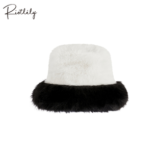 Riotlily/艾特里里平顶毛边绒毛帽子秋冬黑白拼色渔夫帽圣诞礼物