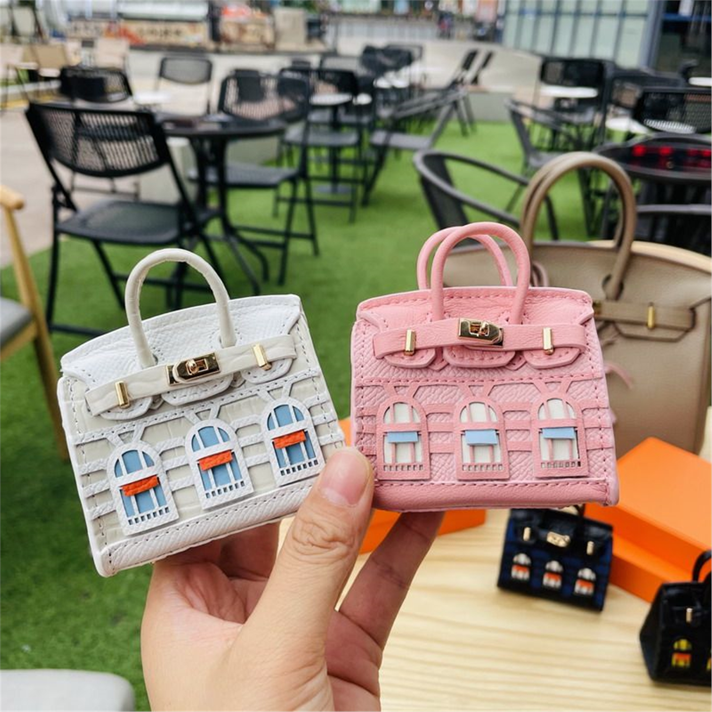 LV&GEDETE官方旗舰店真皮迷你铂金包挂件小房子包包挂饰耳机包女