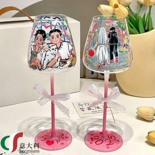 意大利特别的新婚礼物送新娘新人手工DIY闺蜜手绘敬酒高脚红酒杯