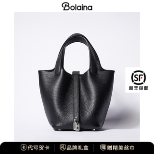 铂莱娜全钢五金手缝蜡线菜篮子包包女真皮水桶包头层牛皮手提女包