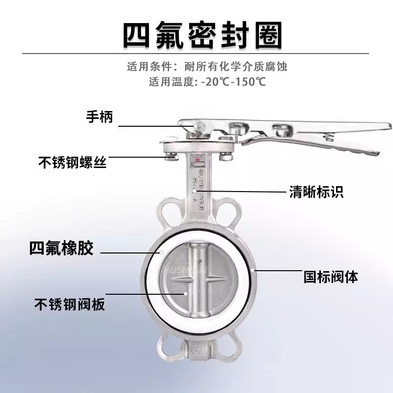 手柄对夹式304全不锈钢蝶阀D71X/F-16P乙丙四氟手动蝶阀DN40-200