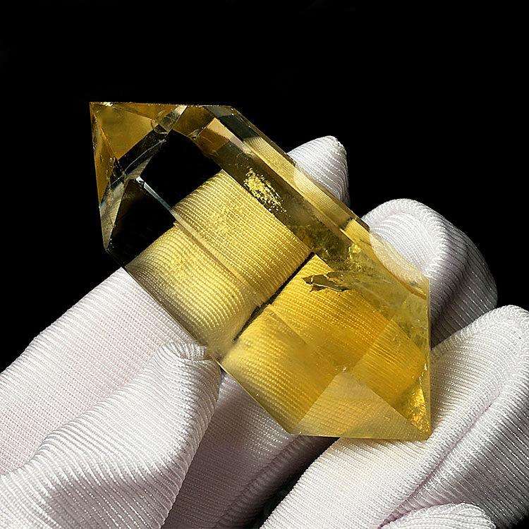 天然黄水晶原石打磨双尖六棱柱彩虹蓝针千层金字塔家居装饰品摆件