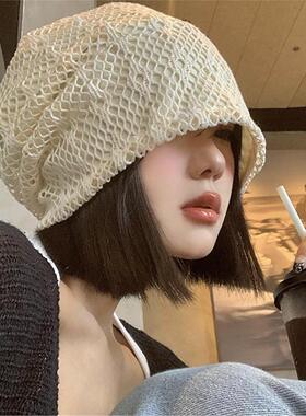 新款日系复古镂空针织冷帽女夏季薄款堆堆帽透气显脸小包头帽子潮