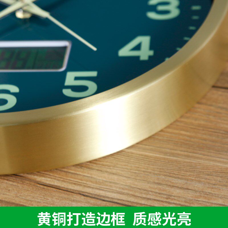 黄铜夜光静音挂钟卧室温度日历时钟挂墙表客厅石英钟