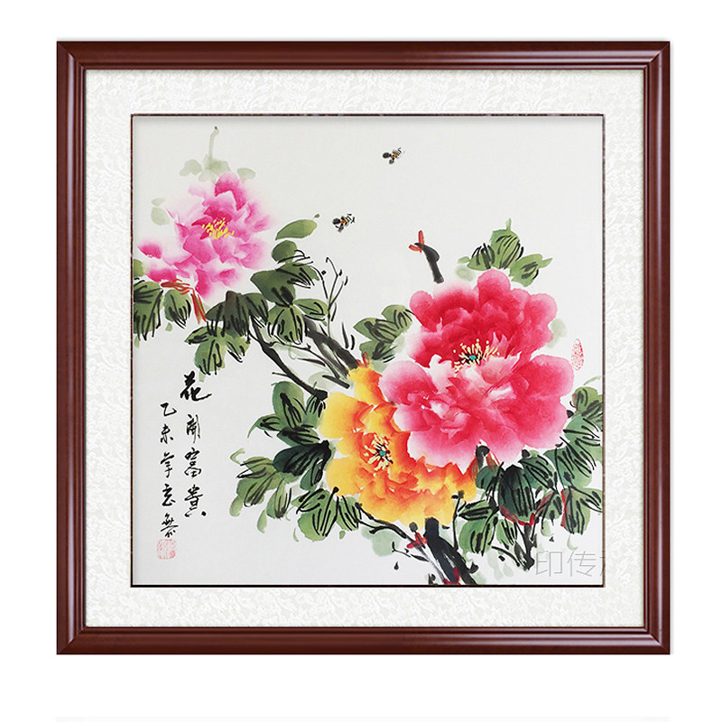 富贵牡丹画纯手绘鸟画新卧室装饰画玄关正方形挂画