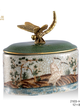 茱莉安法式复古陶瓷配铜金色绿色盖盒带盖装饰盒饰品小