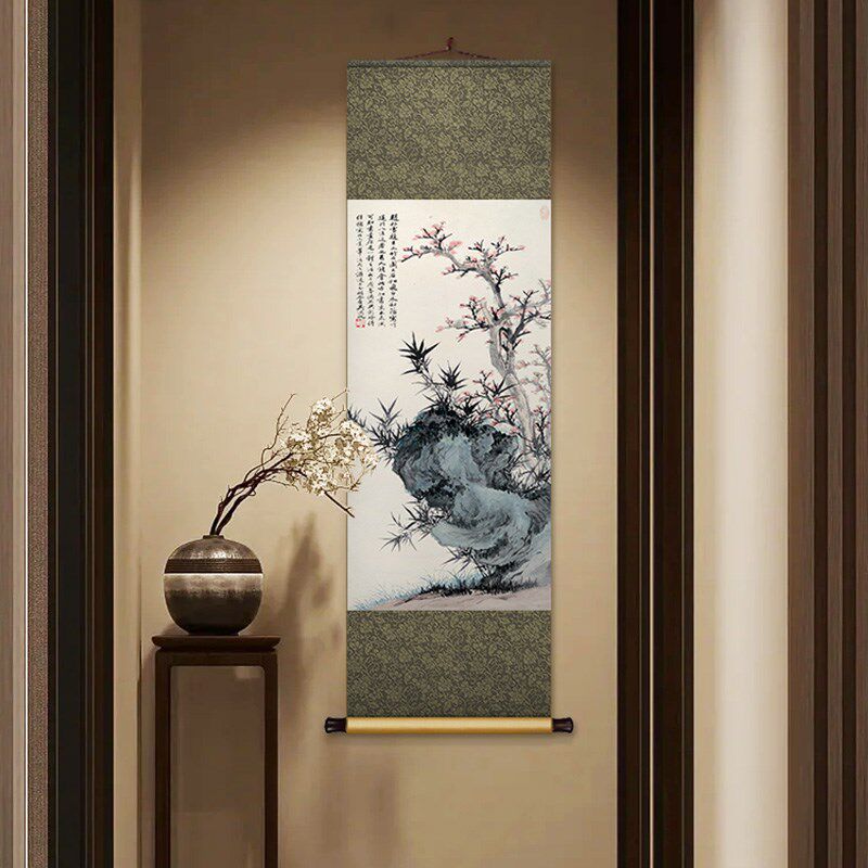 鸟国画新丝绸卷轴挂画书房装饰画茶室客厅背景墙画壁画