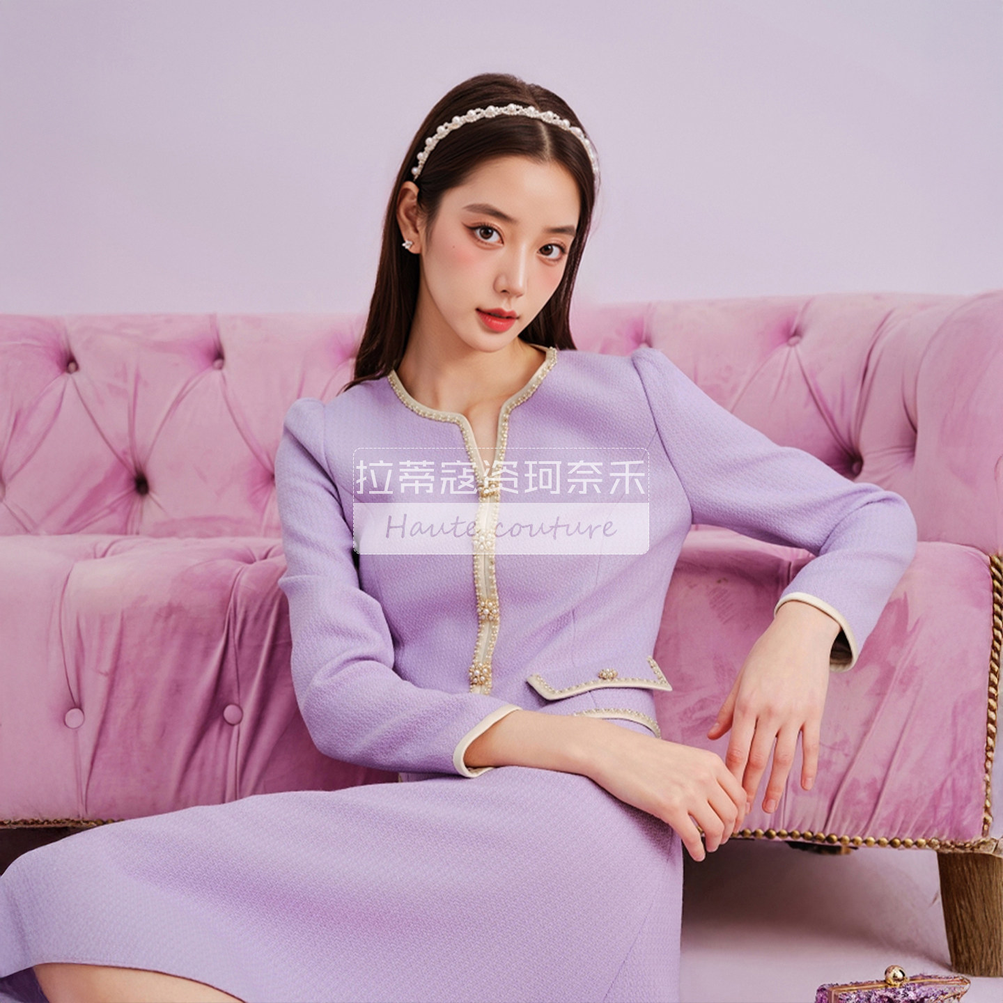 拉蒂寇资同款气质通勤中长裙钉珠2025秋冬季新款香风假两件连衣裙