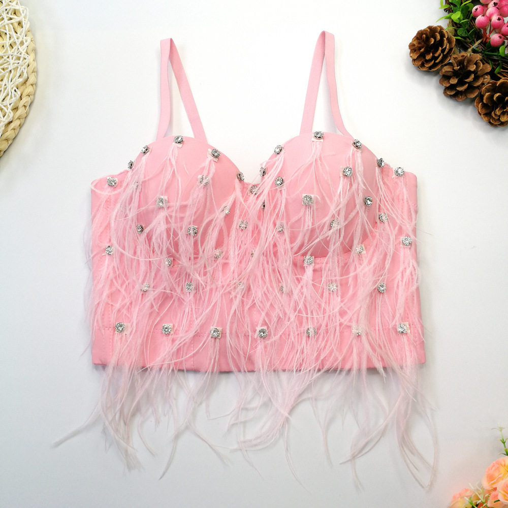 羽毛流苏钉珠吊带外穿免内衣短款亮钻上衣配皮草内搭打底抹胸女冬
