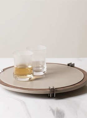 现代胡桃木皮革马毛圆形盘置物创意装饰品样板间