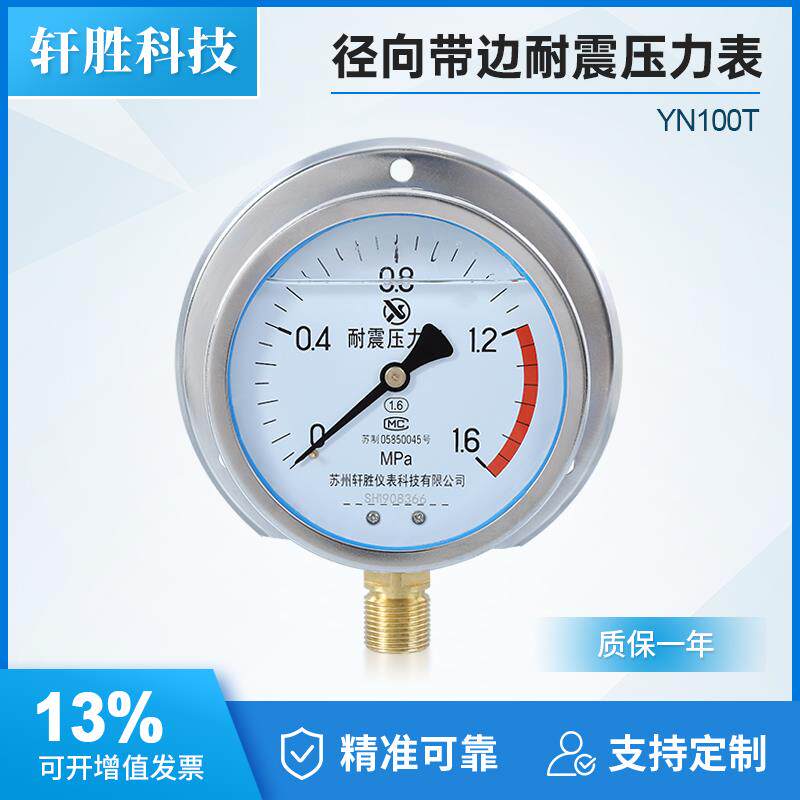 YN100T 1.6MPa 径向带后边 耐震压力表 抗震船用压力表  苏州轩胜