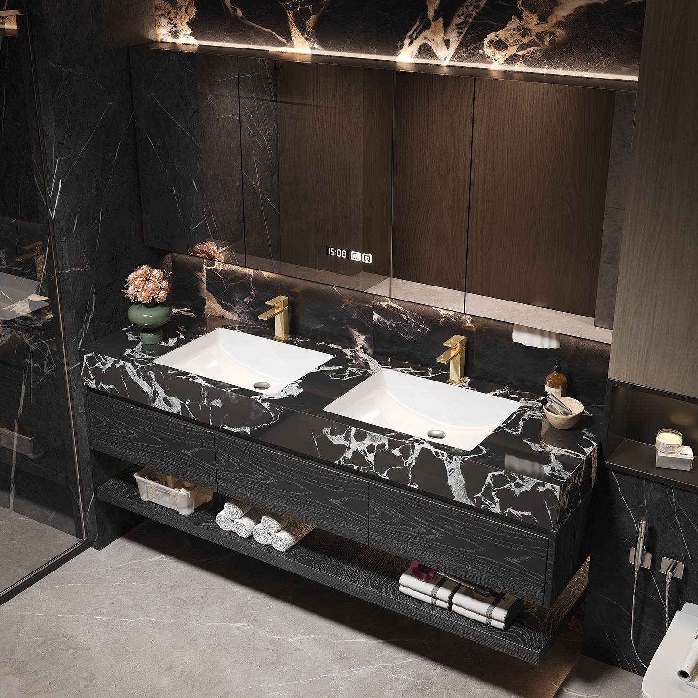 宝格丽岩板陶瓷无缝一体双盆浴室柜组合酒店风卫生间洗手盆洗漱台