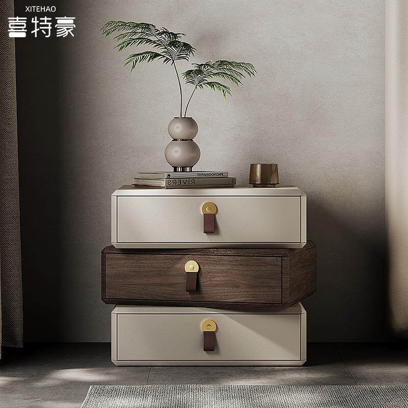 意式极简实木创意旋转床头柜轻奢高级感卧室白色床边柜皮艺边几