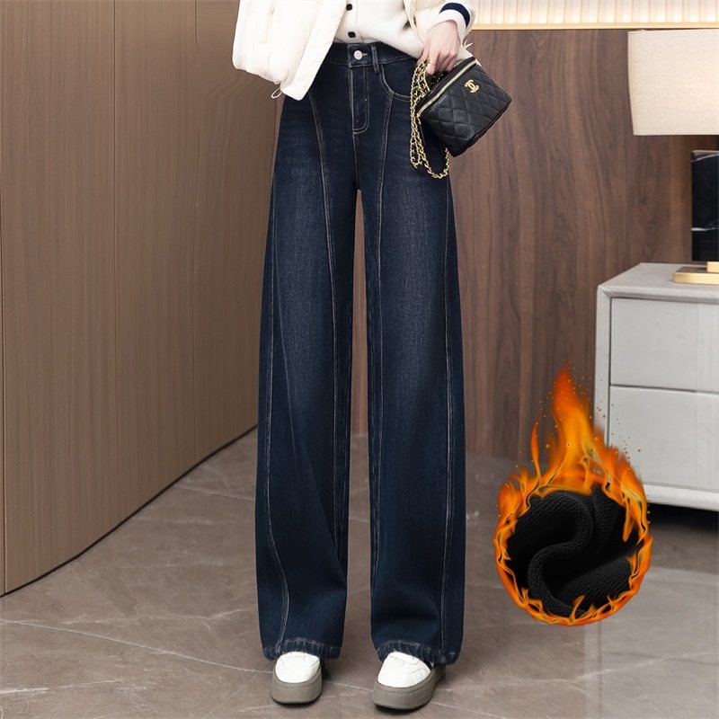 复古蓝高腰阔腿牛仔裤女加绒保暖宽松显瘦弯刀裤2025冬季直筒长裤,女装/女士精品,牛仔裤,淘宝优惠券,粉丝福利购,淘宝优惠卷